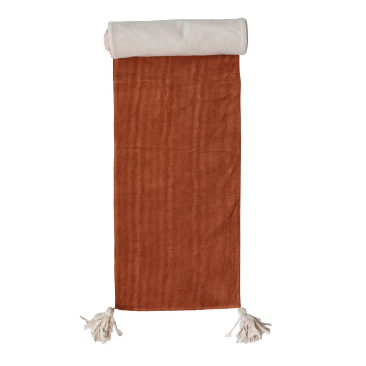 Pumpkin Spice Corduroy & Linen Table Runner with Frayed Tassels