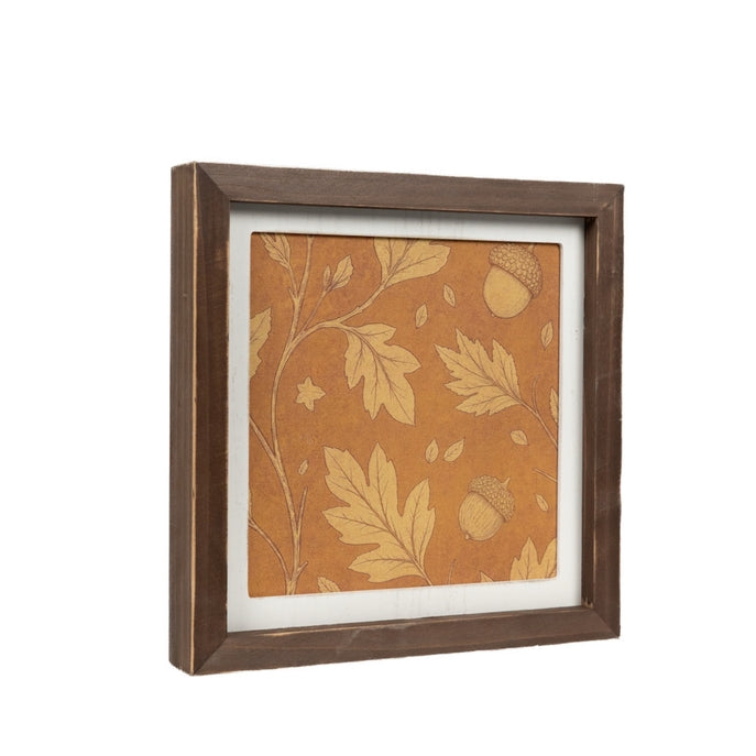 Orange Leaf Motif / Blue Floral Print Reversible Wood Frame Art