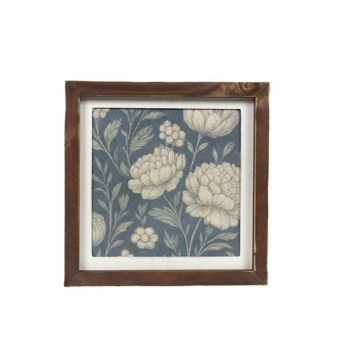 Orange Leaf Motif / Blue Floral Print Reversible Wood Frame Art