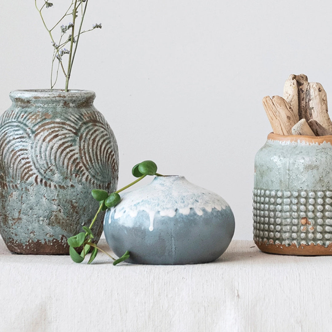 Stoneware Vase, Grey & Cream Color