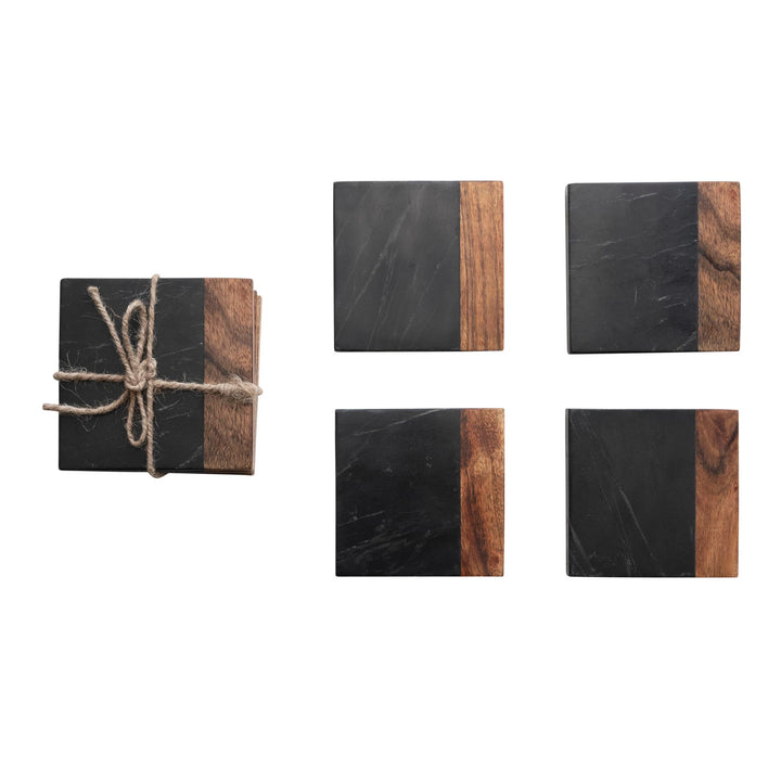 Marble & Acacia Wood Coasters, Set of 4