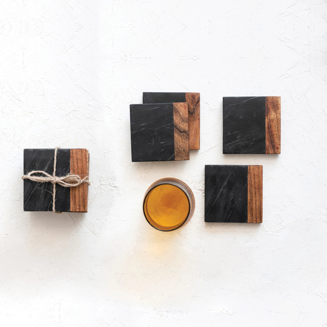 Marble & Acacia Wood Coasters, Set of 4