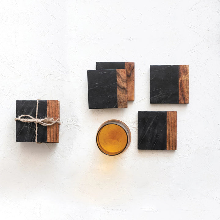 Marble & Acacia Wood Coasters, Set of 4
