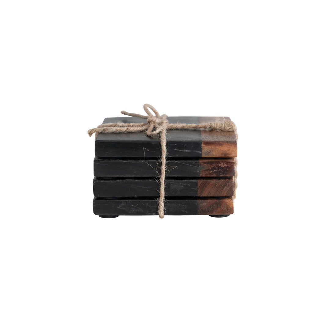 Marble & Acacia Wood Coasters, Set of 4