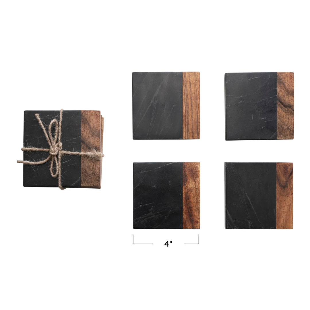 Marble & Acacia Wood Coasters, Set of 4
