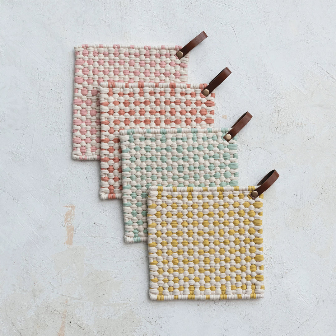 Cotton Crocheted Pot Holder with Leather Loop - 4 Colors
