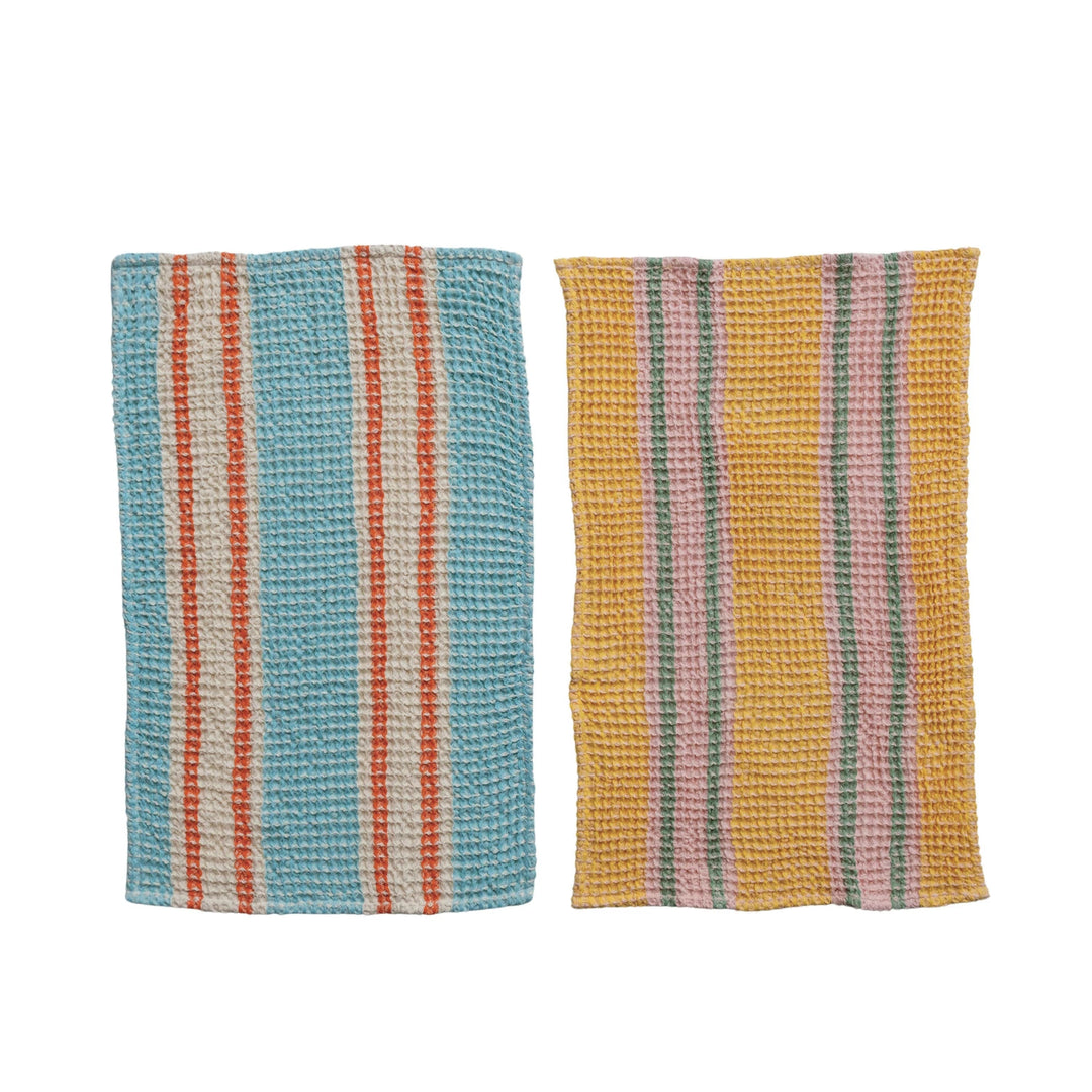 Woven Cotton Waffle Weave Tea Towel with Stripes - 2 Colors
