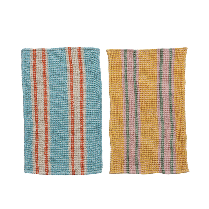 Woven Cotton Waffle Weave Tea Towel with Stripes - 2 Colors