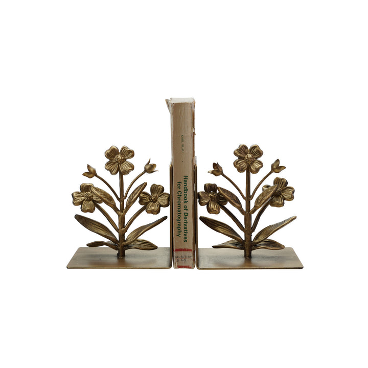 Gold Finished Cast Iron Flower Shaped Bookends, Set Of 2