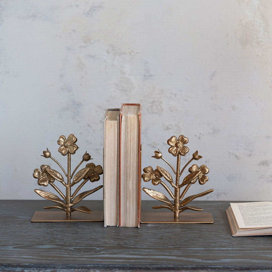 Gold Finished Cast Iron Flower Shaped Bookends, Set Of 2