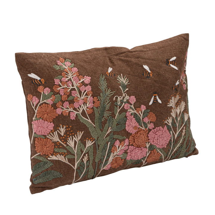 Flowers and Bees Hand-Embroidered Lumbar Pillow