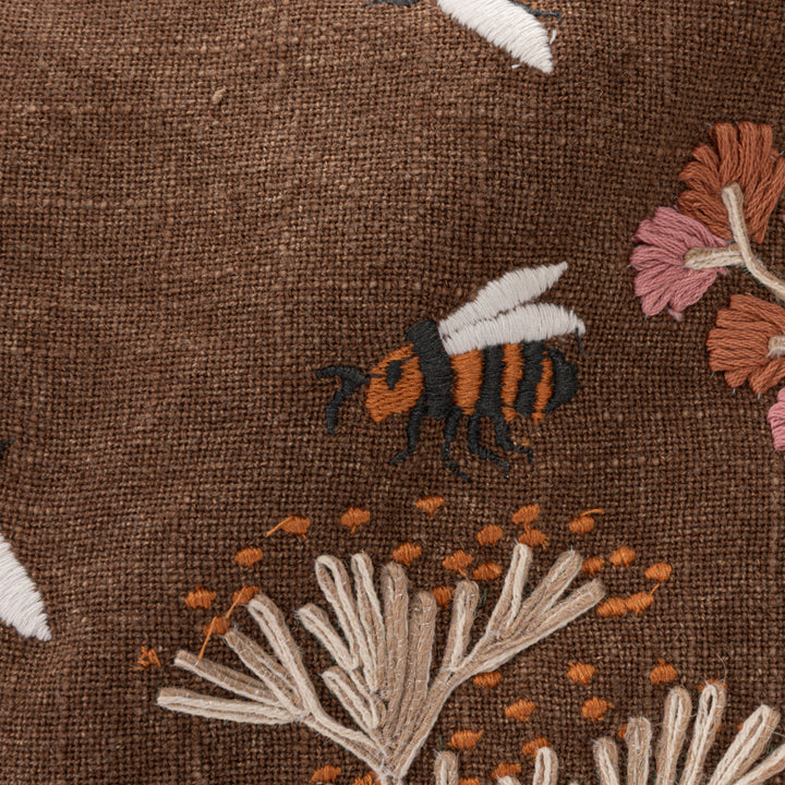 Flowers and Bees Hand-Embroidered Lumbar Pillow