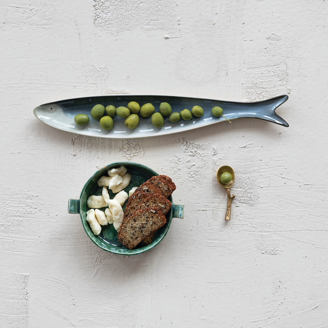 Stoneware Sardine Shaped Dish, Grey & White