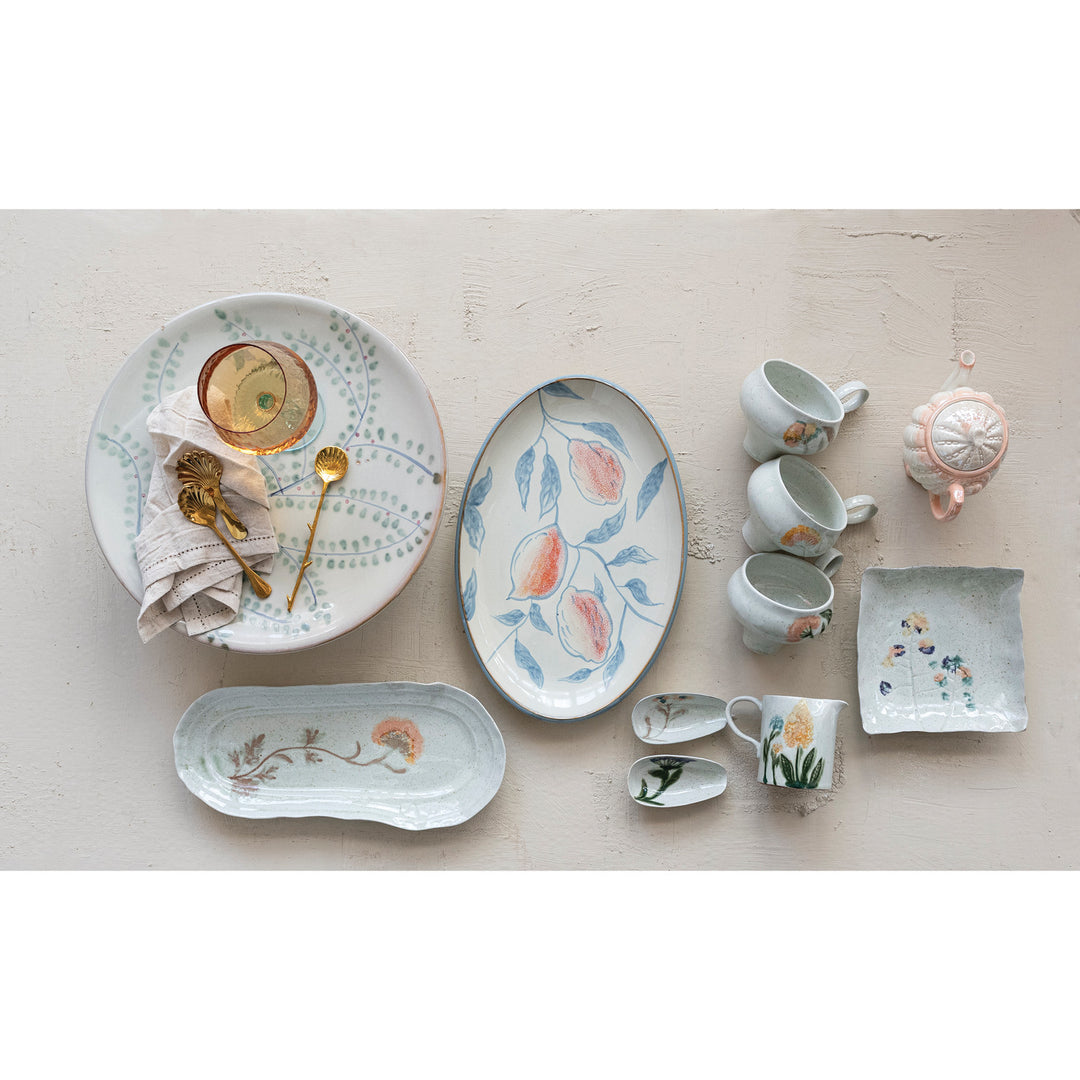 Hand-Painted Stoneware Plate with Flowers