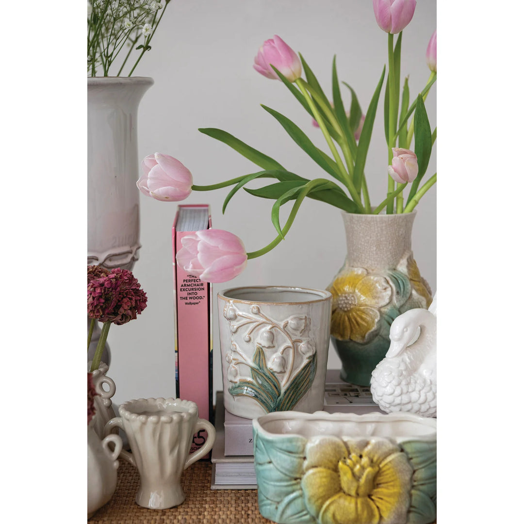 Hand-Painted Embossed Stoneware Planter