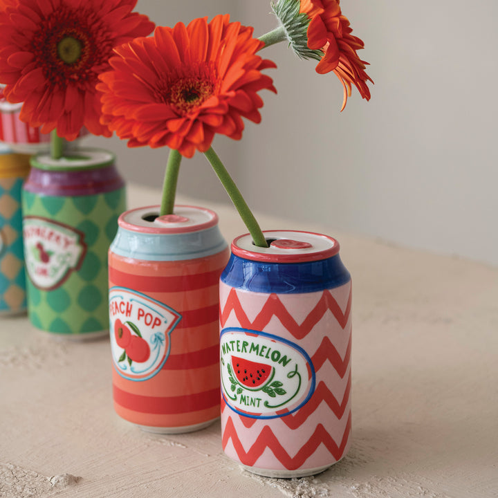 Hand-Painted Stoneware Soda Can Shaped Vase with Decal, 6 styles