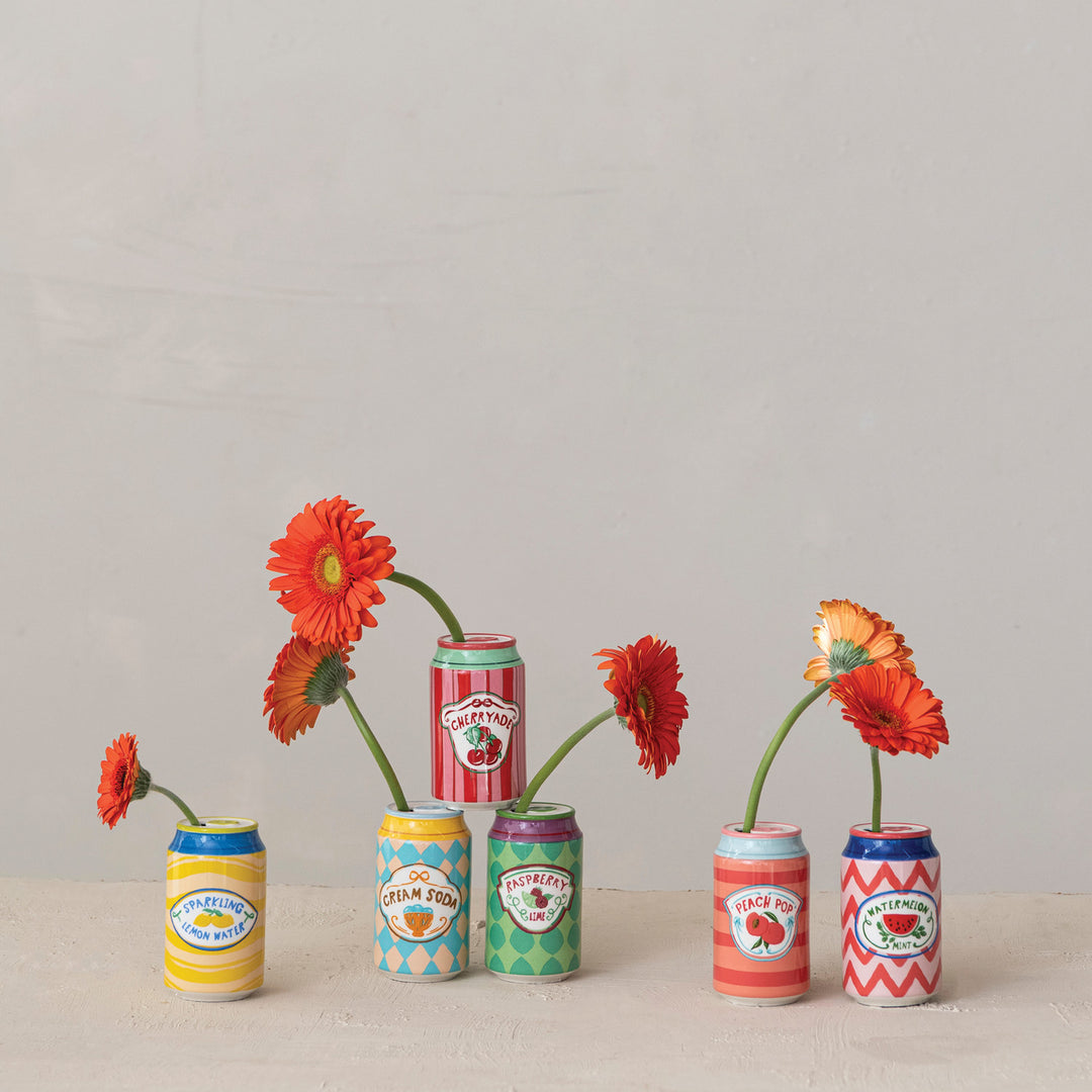 Hand-Painted Stoneware Soda Can Shaped Vase with Decal, 6 styles