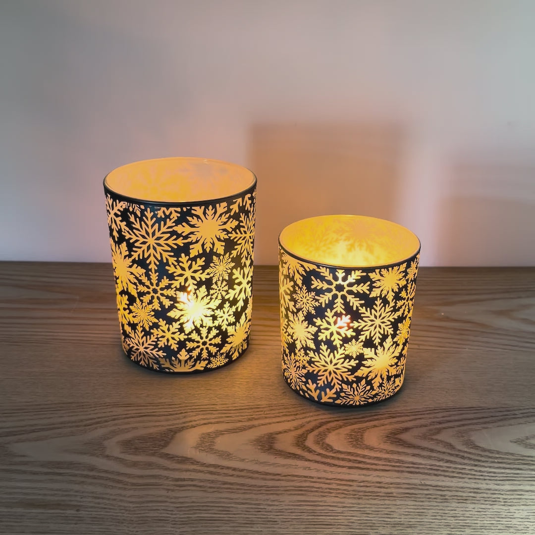 Blue Snowflake Glass Candle Holders, Set of 2