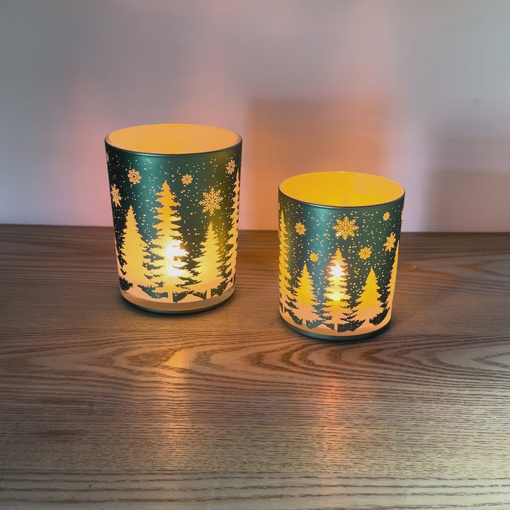 Green Forest Glass Candle Holders, Set of 2