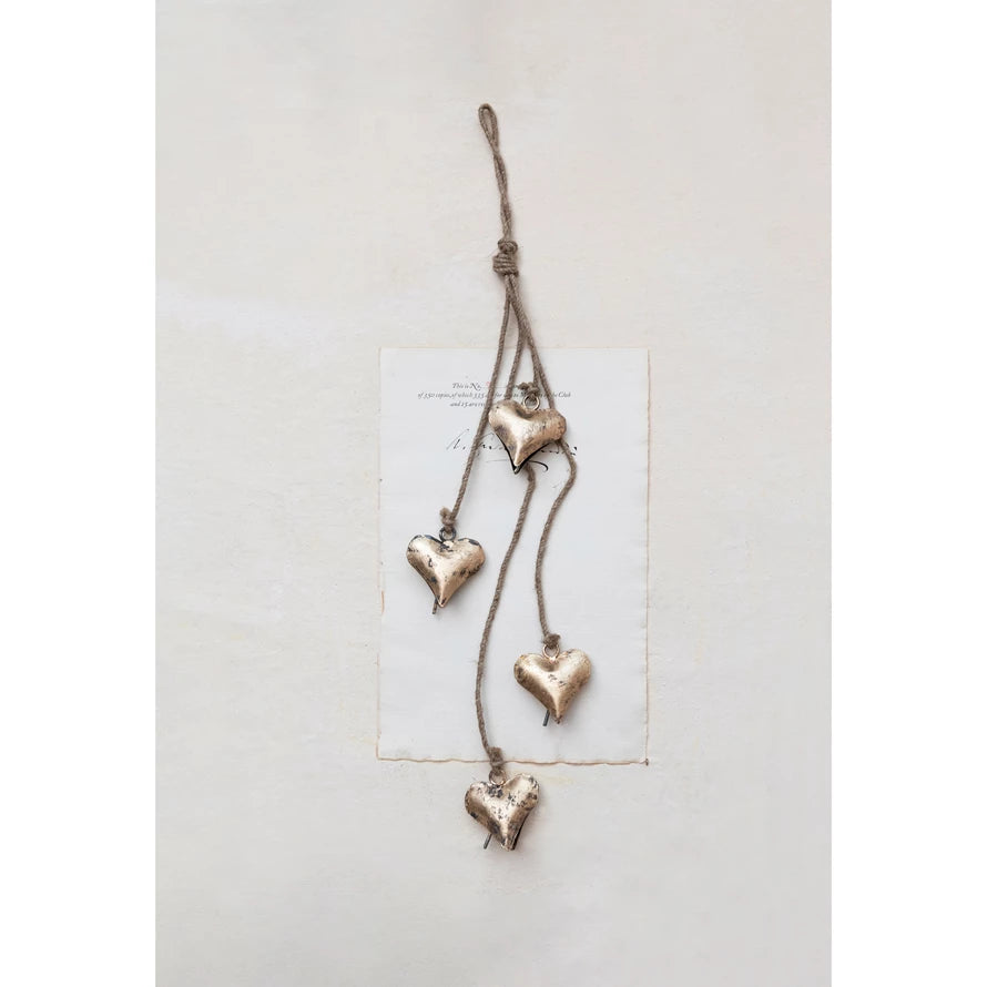 Metal Hearts on Jute Rope - Antique Brass