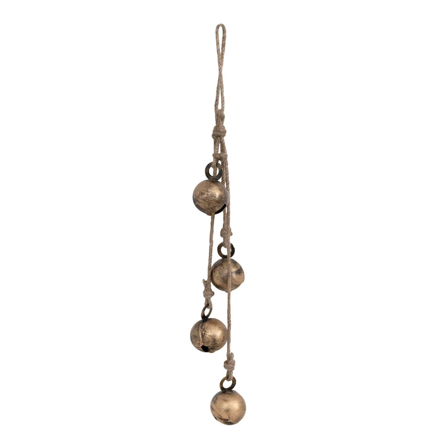 Hanging Metal Jingle Bells with Jute Rope - Antique Brass