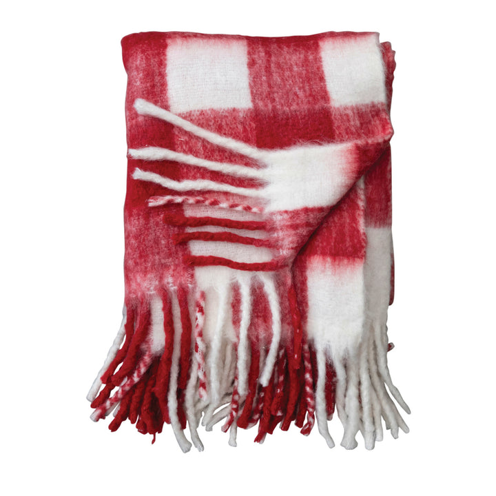 Red & White Plaid Throw with Fringe