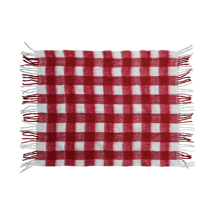 Red & White Plaid Throw with Fringe