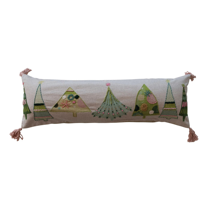 Patchwork Christmas Tree Embroidered Lumbar Pillow with Tassels
