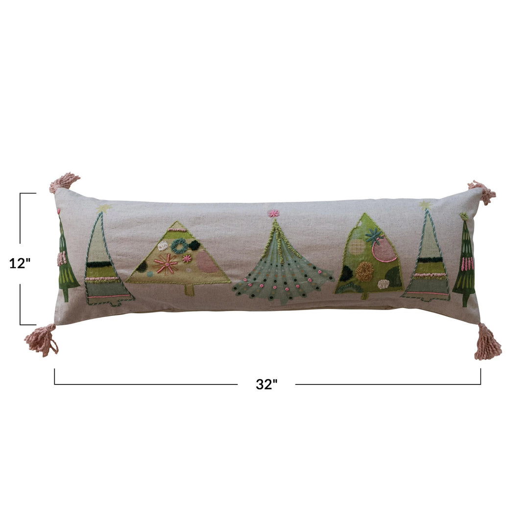 Patchwork Christmas Tree Embroidered Lumbar Pillow with Tassels