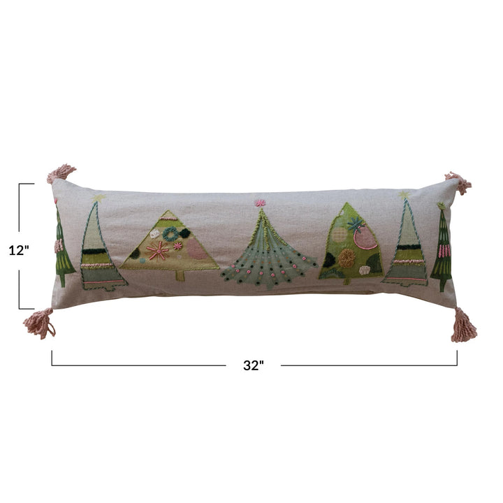 Patchwork Christmas Tree Embroidered Lumbar Pillow with Tassels