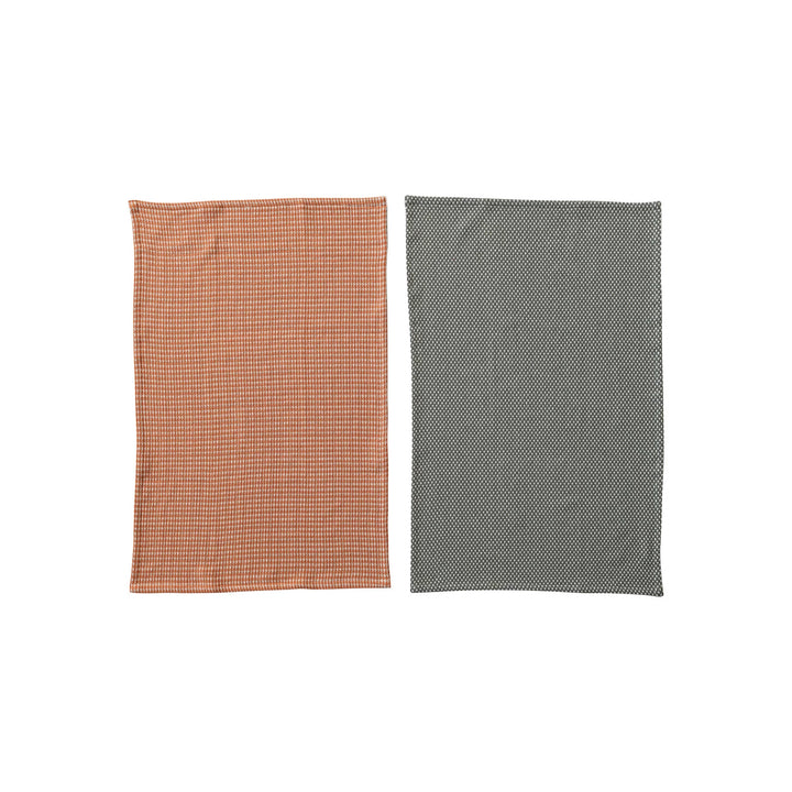 Woven Cotton Dobby Tea Towels, Orange & Charcoal Color - Set of 2