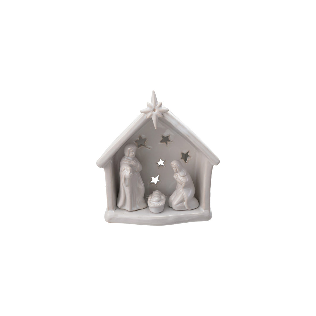 Stoneware Holy Family Tealight Holder with Star Cut-Outs