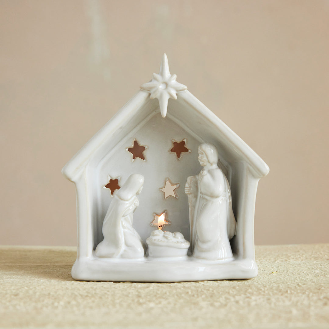 Stoneware Holy Family Tealight Holder with Star Cut-Outs
