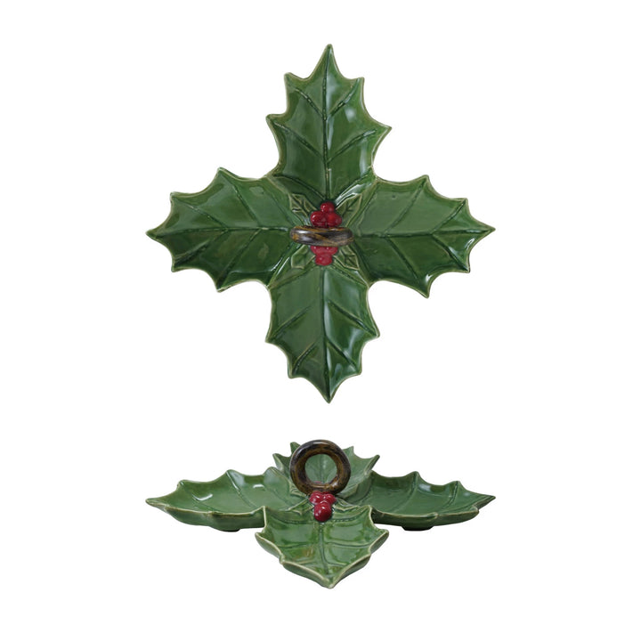 Ceramic Holly 4-Section Dish with Handle