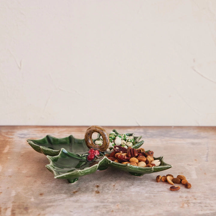 Ceramic Holly 4-Section Dish with Handle