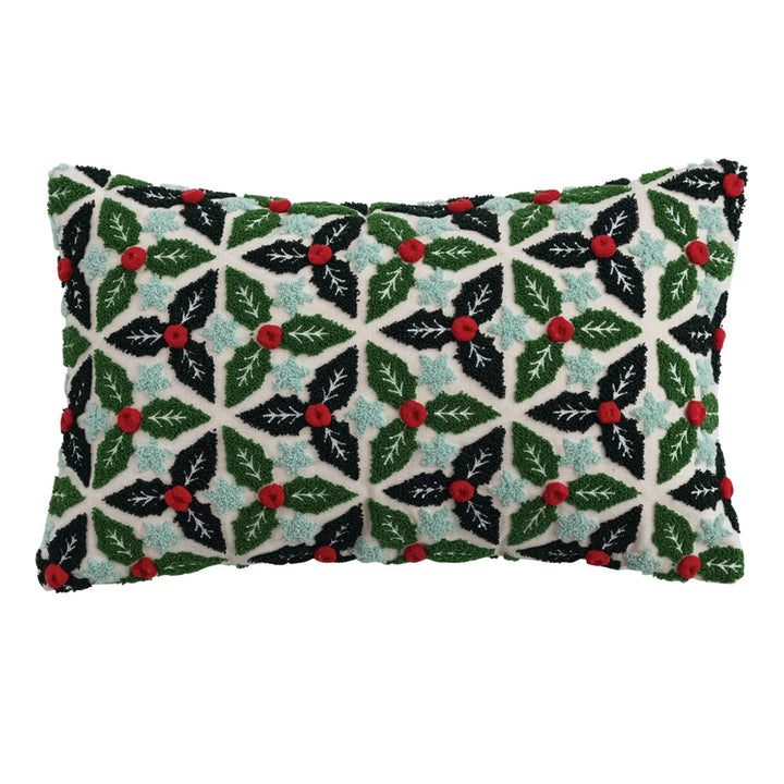 Holly Leaves Tufted Embroidered Lumbar Pillow