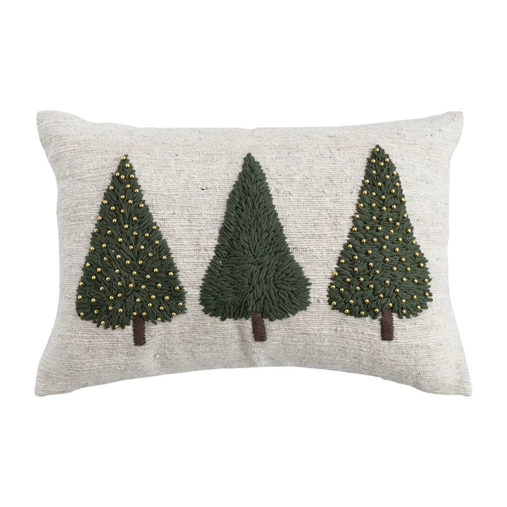 Embroidered Tree Hand-Woven Wool Lumbar Pillow