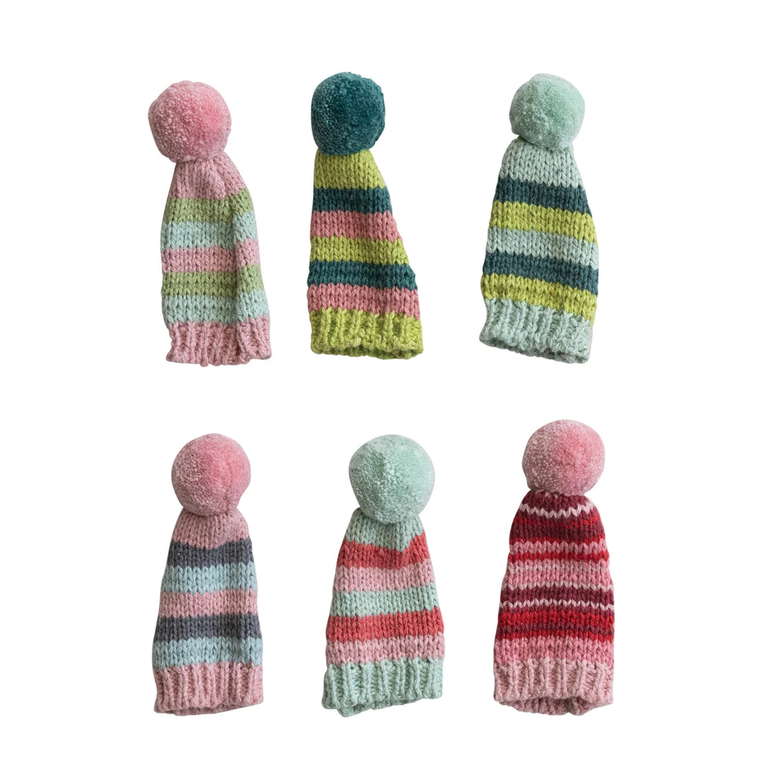 Cotton Knit Hat Bottle Topper with Stripes & Pom Pom - 6 Styles
