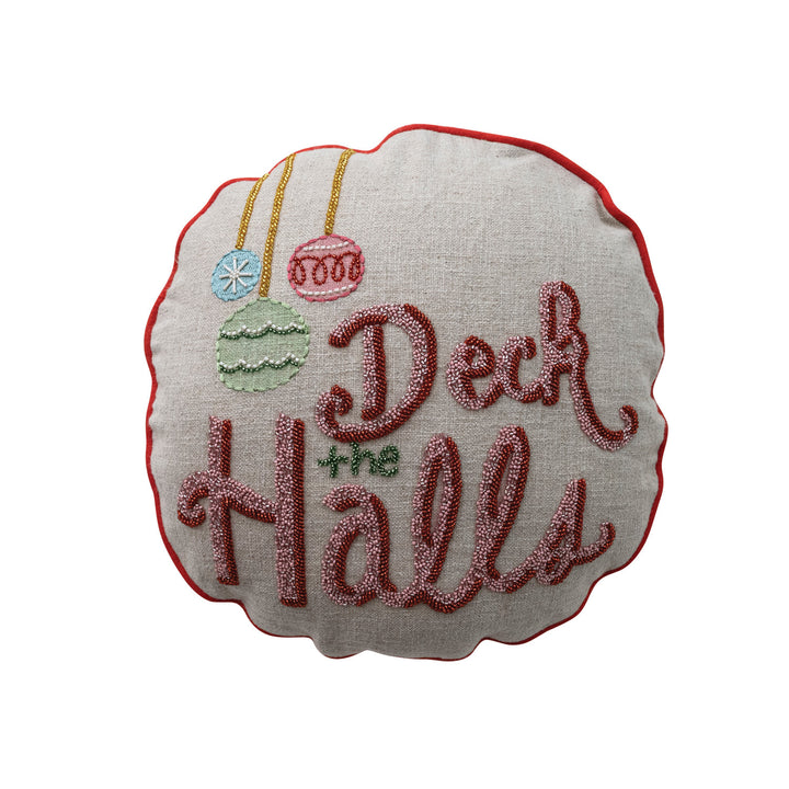 "Deck The Halls" Round Linen Pillow with Beads