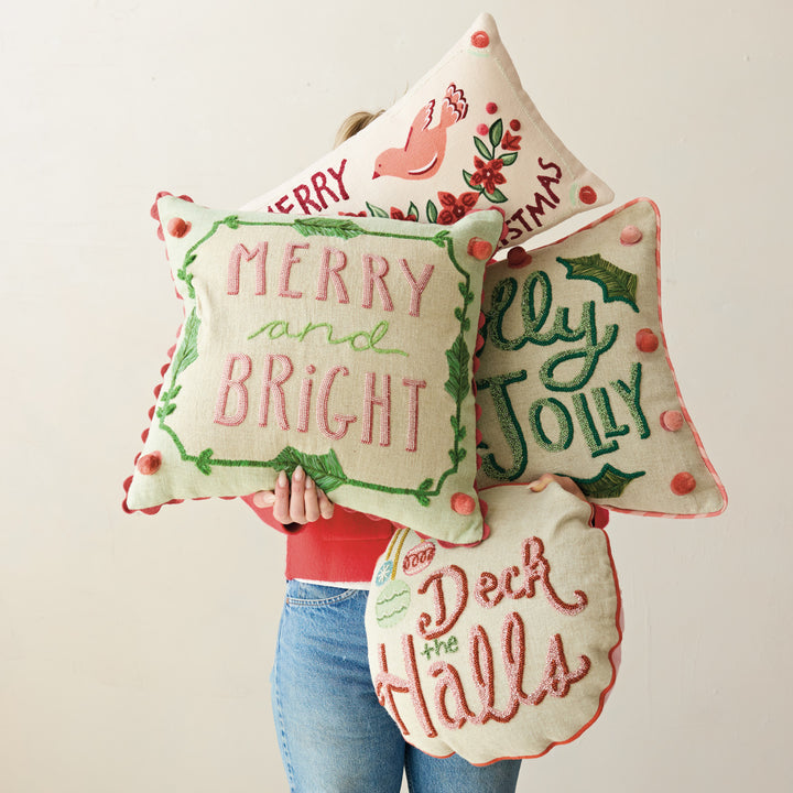 "Deck The Halls" Round Linen Pillow with Beads