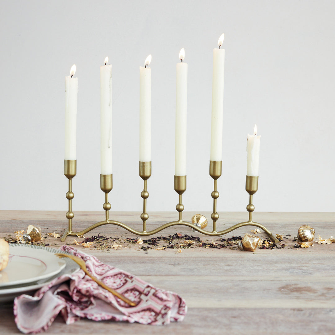 Hand-Forged Iron Candle Runner with Balls & Curved Base (Holds 6 Tapers)