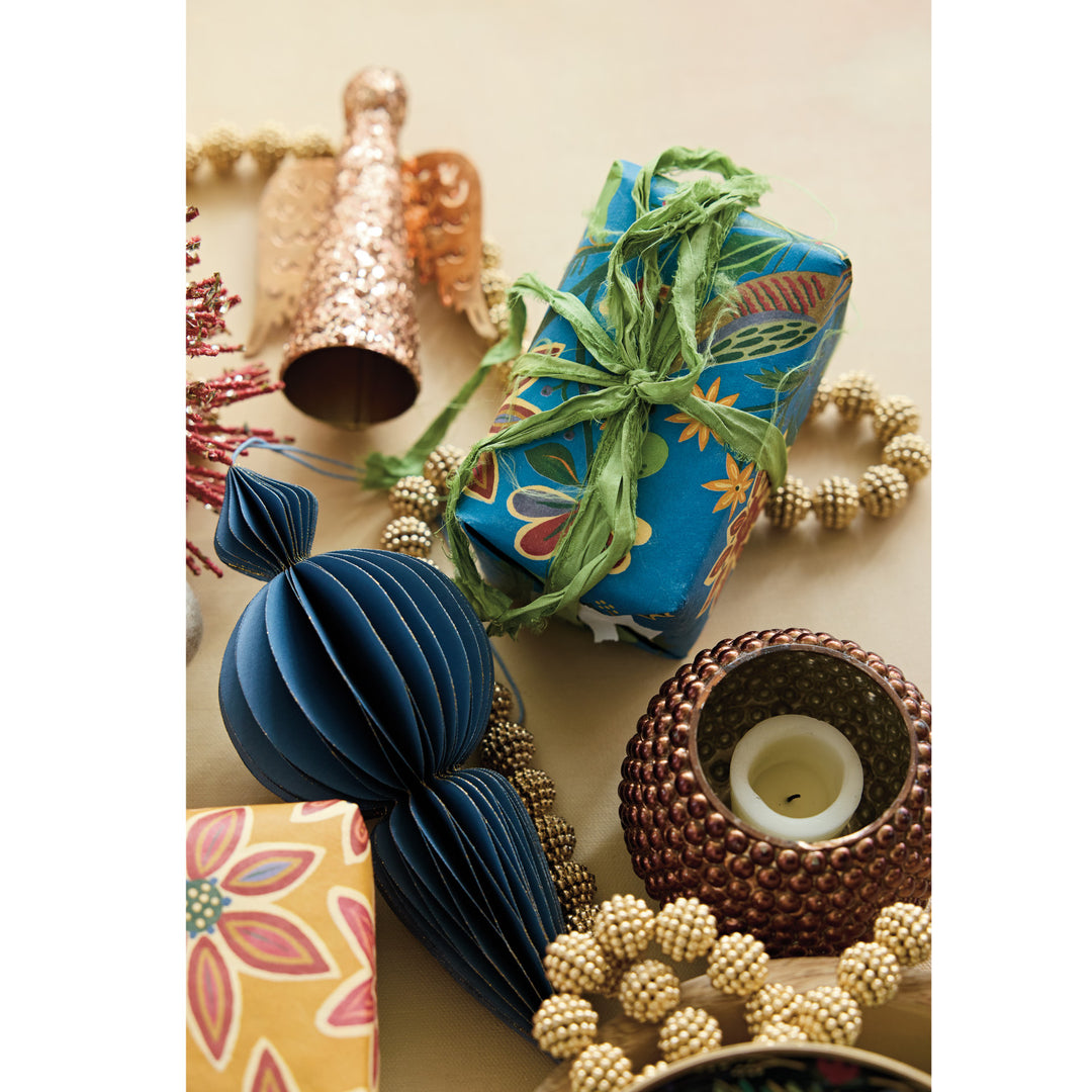 Honeycomb Finial Ornament With Gold Glitter Edges, Blue