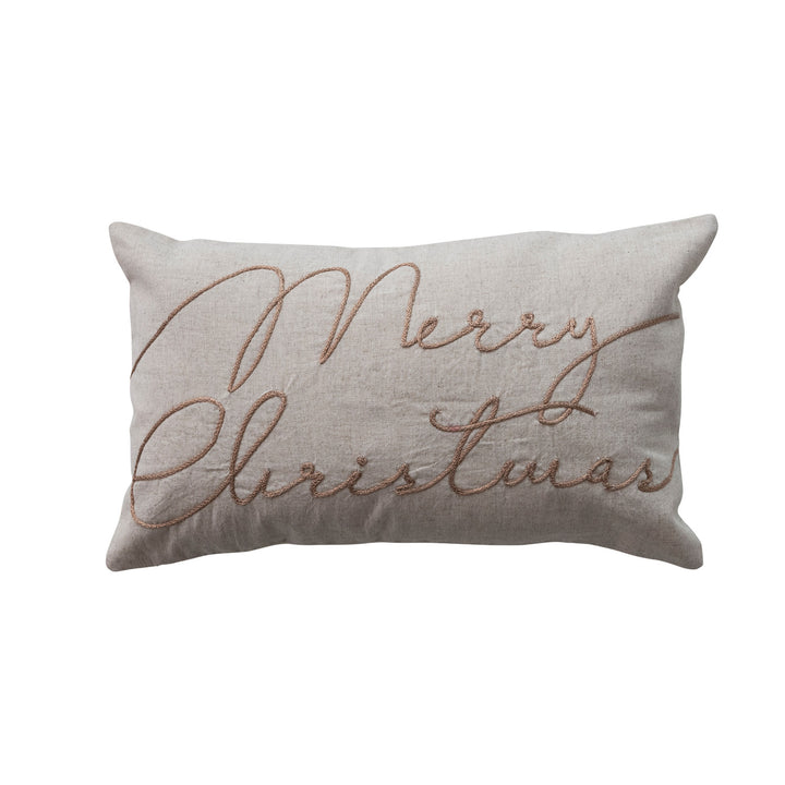 Cotton & Linen Lumbar Pillow with Embroidered "Merry Christmas", Natural & Copper Color