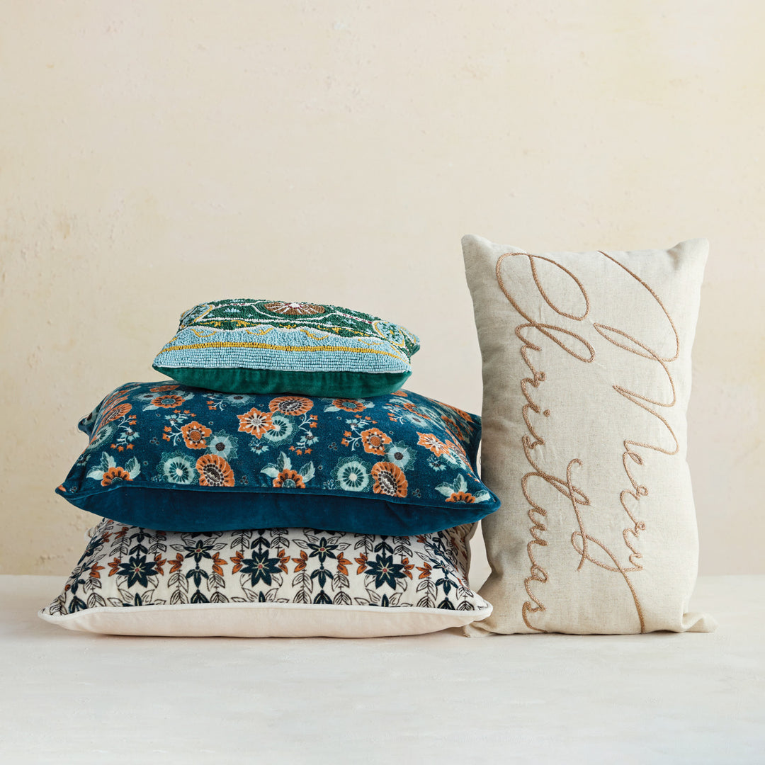 Cotton & Linen Lumbar Pillow with Embroidered "Merry Christmas", Natural & Copper Color