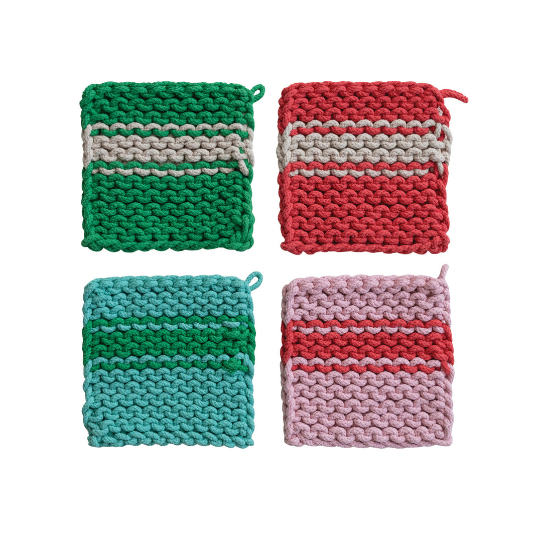 Cotton Crocheted Pot Holder with Stripe, 4 Colors