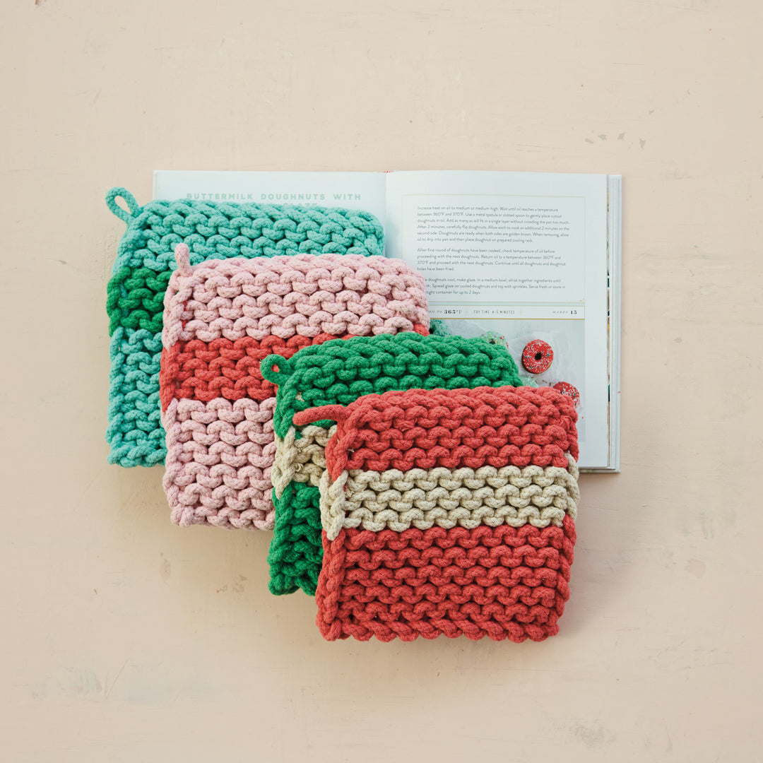 Cotton Crocheted Pot Holder with Stripe, 4 Colors