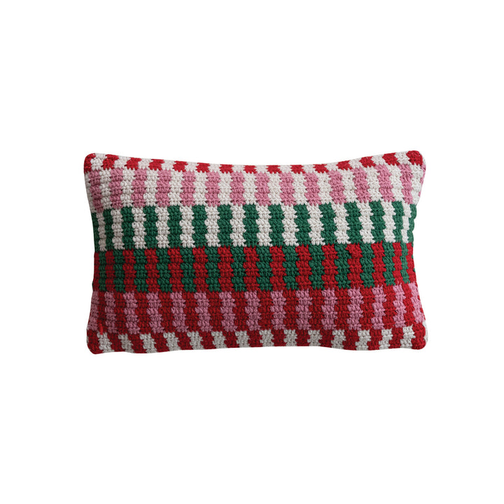 Cotton Crocheted Lumbar Pillow with Stripes Pattern