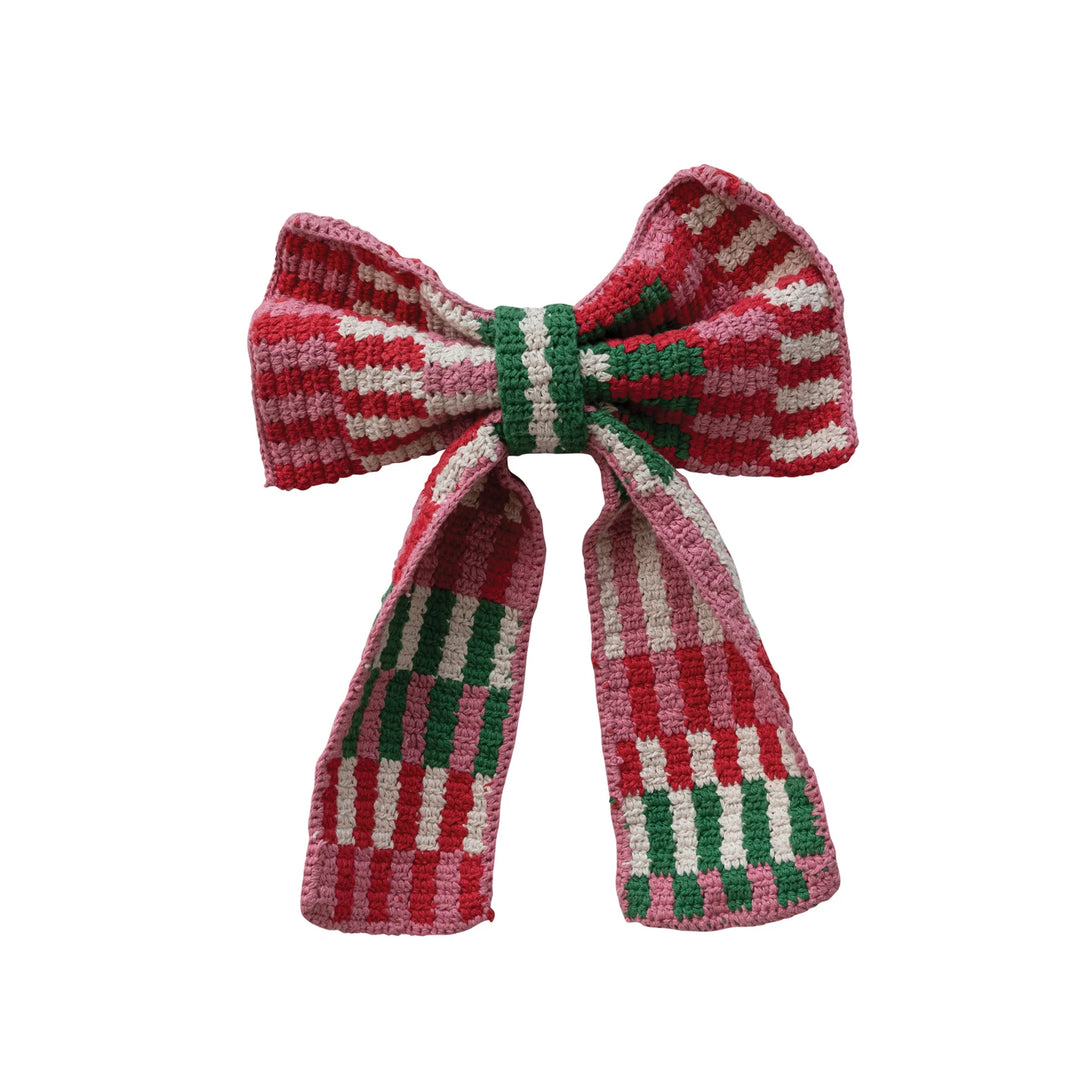 Crocheted Cotton Stripe Bow with Clip
