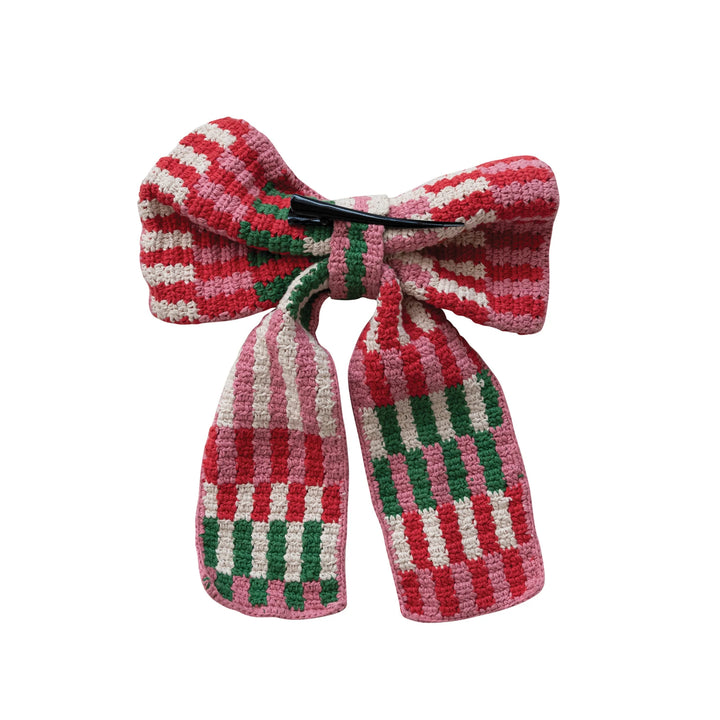 Crocheted Cotton Stripe Bow with Clip
