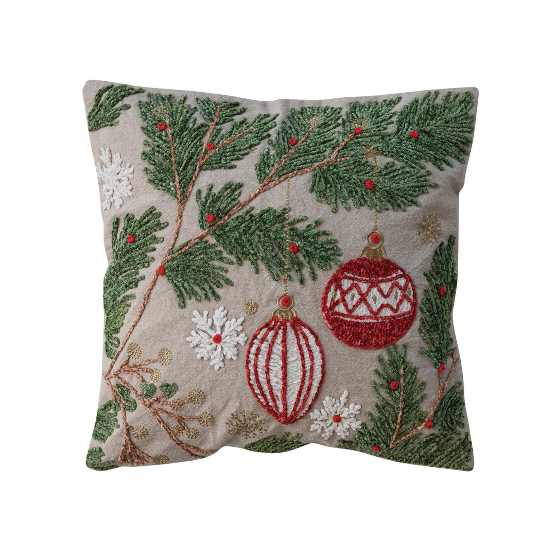 Cotton Pillow with Embroidered Pine Boughs, Ornaments & Snowflakes